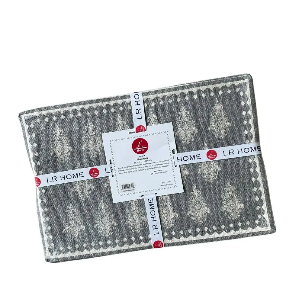 LR HOME Damask Print Placemats 13x19 Cotton Gray & Cream Set of 4 NEW
